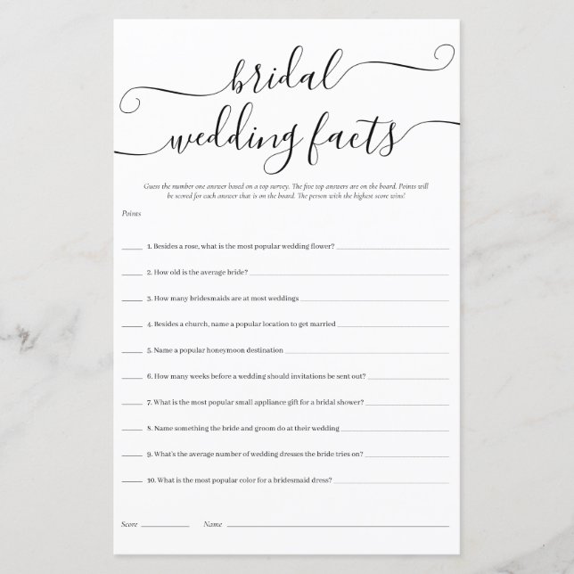 Fun Bridal Wedding Facts Shower Game (Front)
