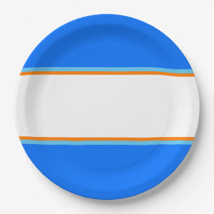 Fun Bright Blue Orange Aqua White Racing Stripes Paper Plate