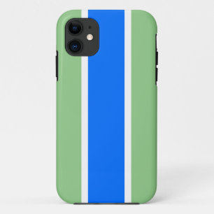 Fun Bright Blue White Racing Stripes On Sage Green iPhone 11 Case