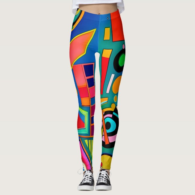 Fun Bright Bold Artsy Geometric Shape Pattern Art Leggings (Front)