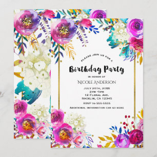 Fun Bright Bold Watercolor Floral Birthday Party Invitation