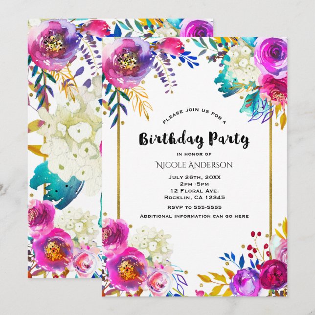 Fun Bright Bold Watercolor Floral Birthday Party Invitation (Front/Back)