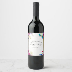 Fun Bright Bold Watercolor Floral Wedding Wine Label