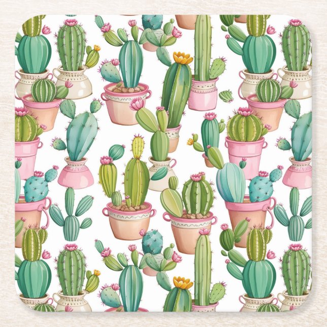 Fun bright cacti  square paper coaster (Front)