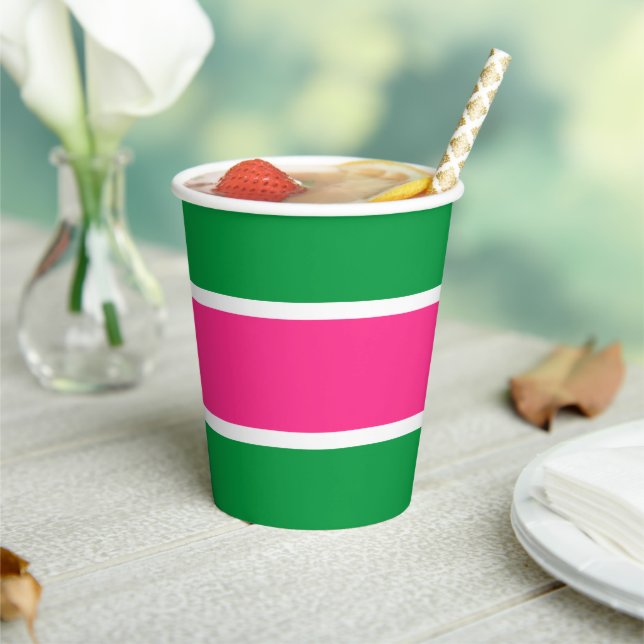 Fun Bright Candy Pink White Stripes On Kelly Green Paper Cups (Insitu)