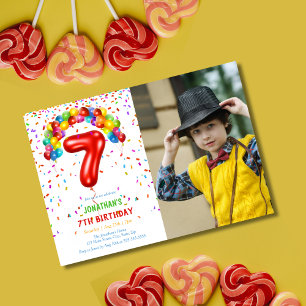 Fun Bright Confetti Balloons Photo 7th Birthday Invitation