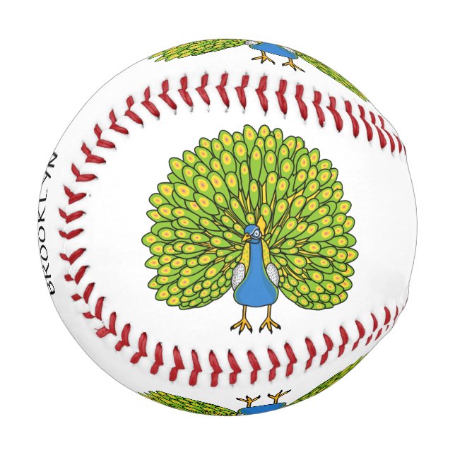 Fun bright peacock bird illustration baseball (Front Left)