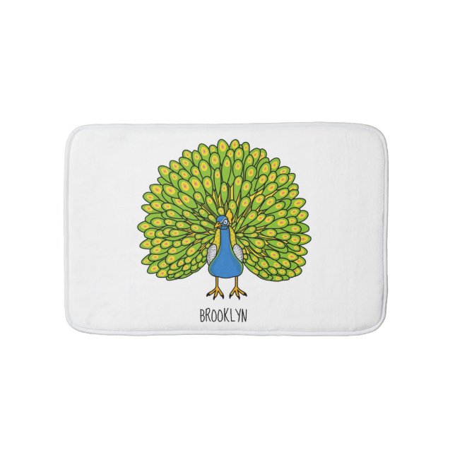 Fun bright peacock bird illustration bath mat (Front)