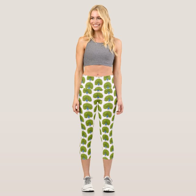 Fun bright peacock bird illustration  capri leggings (Front)