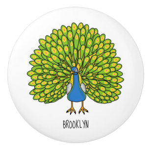 Fun bright peacock bird illustration ceramic knob