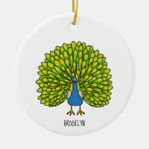 Fun bright peacock bird illustration ceramic ornament
