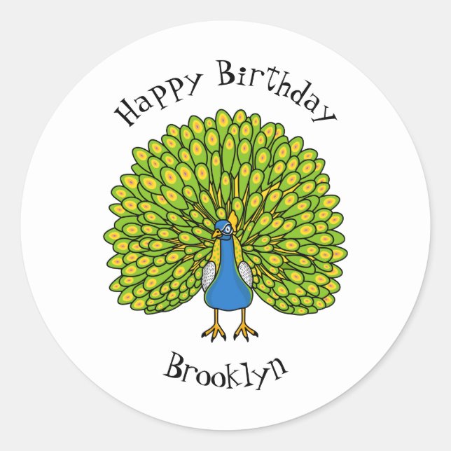 Fun bright peacock bird illustration classic round sticker (Front)