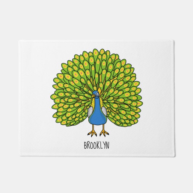 Fun bright peacock bird illustration doormat (Front)