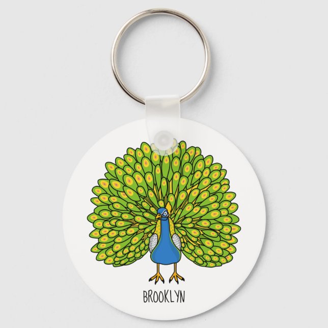 Fun bright peacock bird illustration keychain (Front)