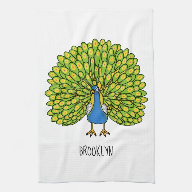 Fun bright peacock bird illustration kitchen towel (Vertical)