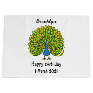 Fun bright peacock bird illustration large gift bag