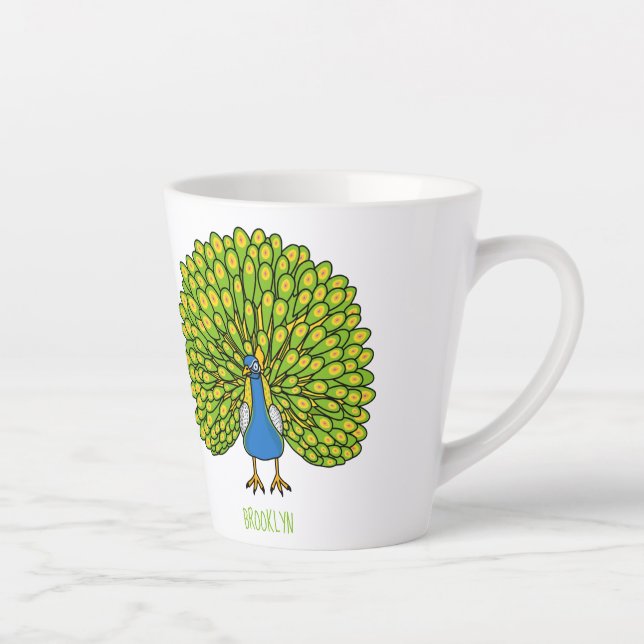 Fun bright peacock bird illustration latte mug (Right)