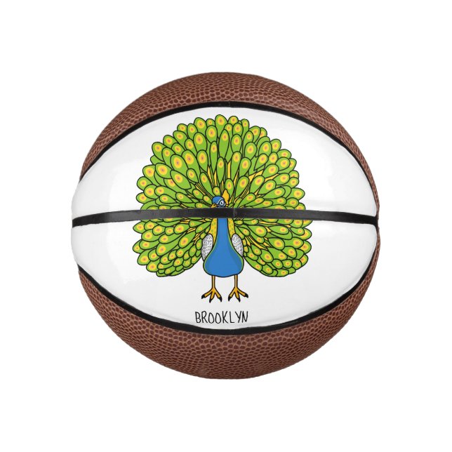 Fun bright peacock bird illustration mini basketball (Front)