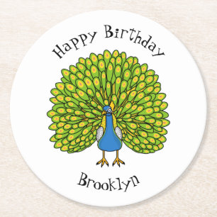Fun bright peacock bird illustration round paper coaster