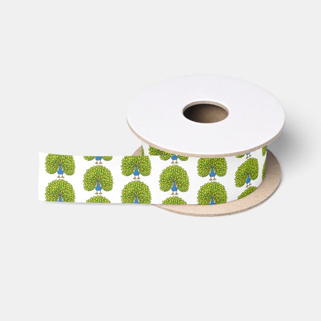 Fun bright peacock bird illustration satin ribbon (Spool)