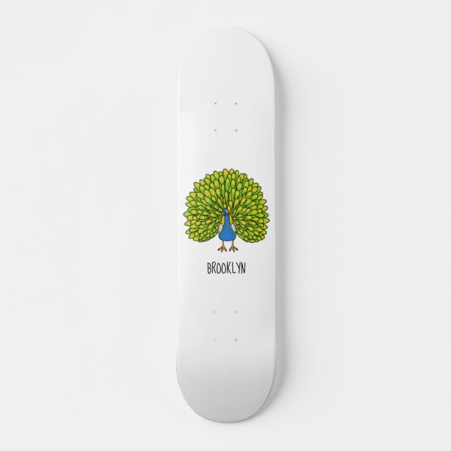 Fun bright peacock bird illustration skateboard (Front)