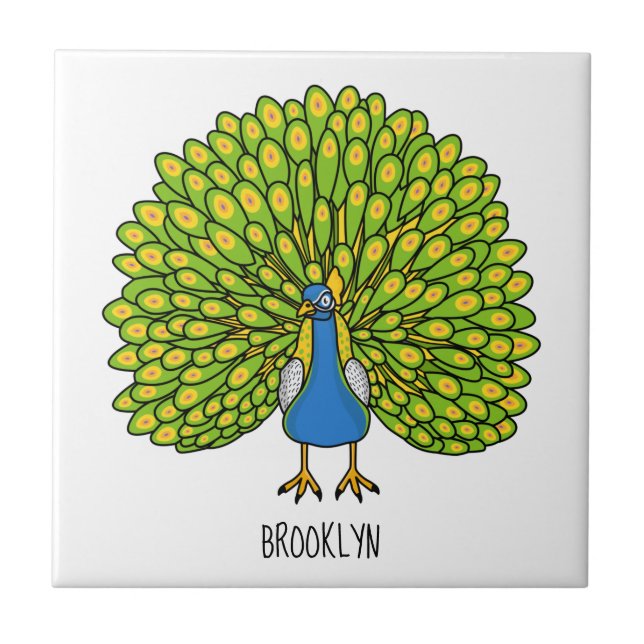 Fun bright peacock bird illustration  tile (Front)