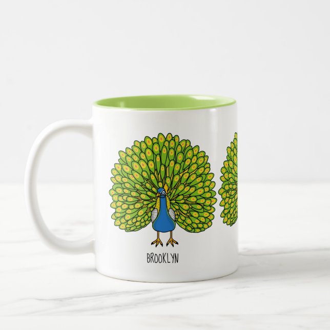 Fun bright peacock bird illustration Two-Tone coffee mug (Left)