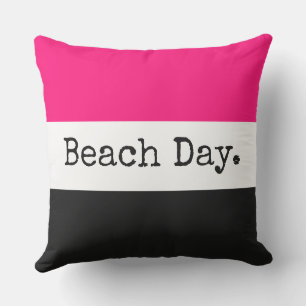 Fun Bright Pink Black White Stripes "Beach Day" Outdoor Pillow