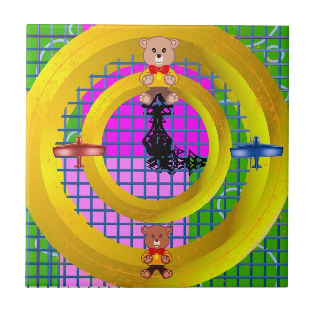 Fun Bright Pink Blocks on GoldRing Green Geometric Tile (Front)