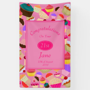 Fun, Bright Pink Cupcake Any Age Birthday Banner