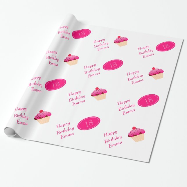Fun, Bright Pink Cupcake Any Age Birthday Gift Wrapping Paper (Unrolled)