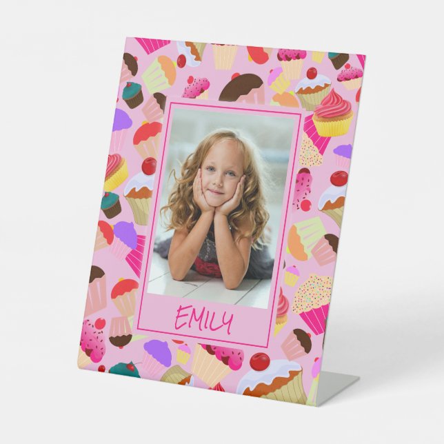 Fun Bright Pink Cupcake – Custom Photo Pedestal Sign (Front)