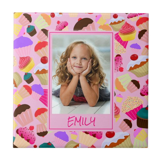 Fun Bright Pink Cupcake – Custom Photo Tile (Front)