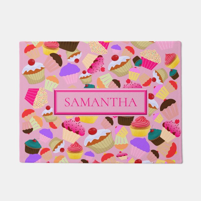 Fun Bright Pink Cupcake - Personalized Doormat (Front)