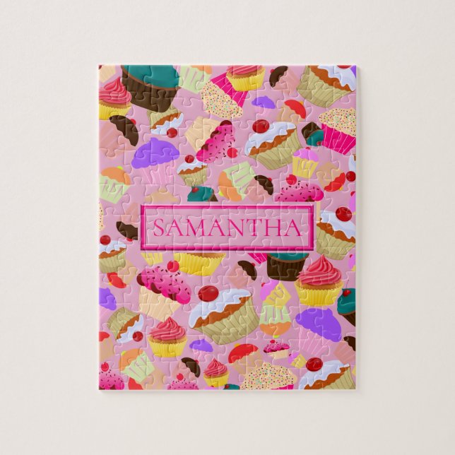 Fun Bright Pink Cupcake - Personalized Jigsaw Puzzle (Vertical)