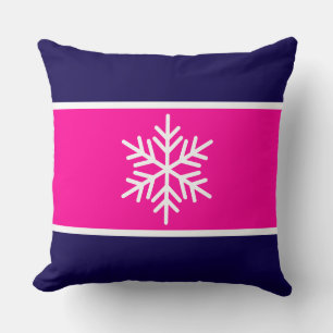 Fun Bright Pink Navy Blue White Stripes Snowflake Throw Pillow