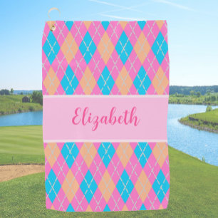 Fun Bright pink preppy argyle custom name ladies Golf Towel