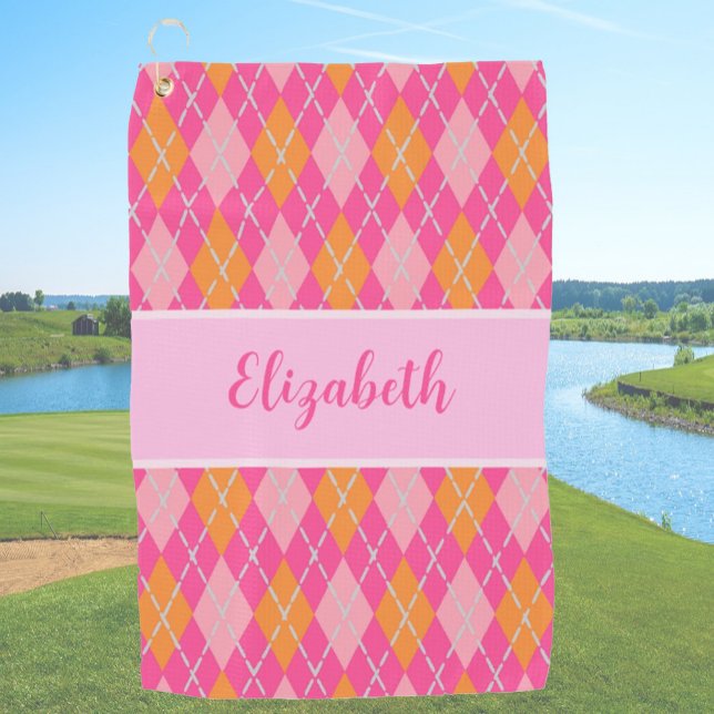 Fun Bright pink preppy argyle custom name ladies Golf Towel (Creator Uploaded)