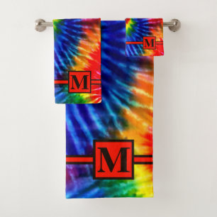 Fun Bright Rainbow Retro Tie Dye Red Monogrammed Bath Towel Set