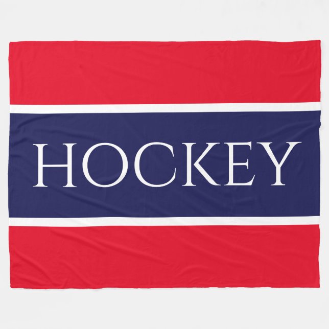 Fun Bright Red White Navy Blue "HOCKEY" Stripes Fleece Blanket (Front (Horizontal))