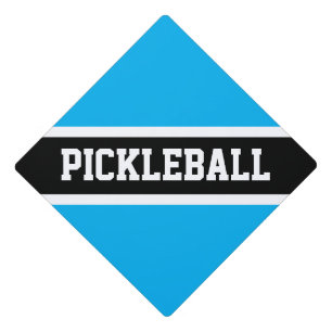 Fun Bright Sky Blue Black Stripes PICKLEBALL Text Graduation Cap Topper