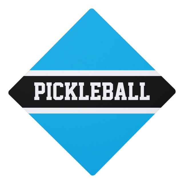 Fun Bright Sky Blue Black Stripes PICKLEBALL Text Graduation Cap Topper (Front)