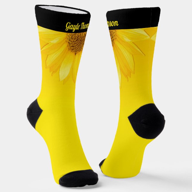 Fun Bright Yellow Sunflower with Name Personalized Socks (Angled)