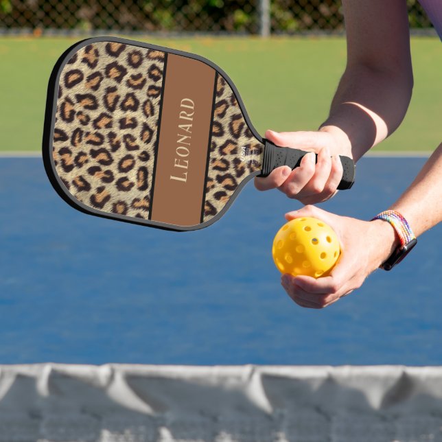 Fun Brown & Black Faux Leopard Skin with Name Pickleball Paddle (Insitu)