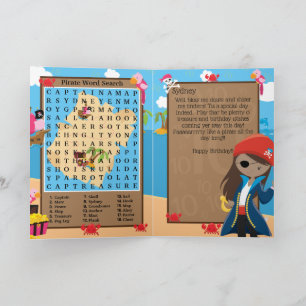 Fun Brown Girls Pirate Word Search Happy Birthday Card