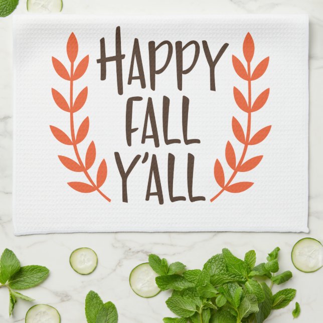Fun Brown Orange Happy Fall Leaf Kitchen Towel (Folded)