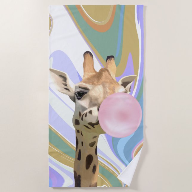 Fun Bubblegum Blowing Giraffe Liquid Swirl Blue Beach Towel (Front)