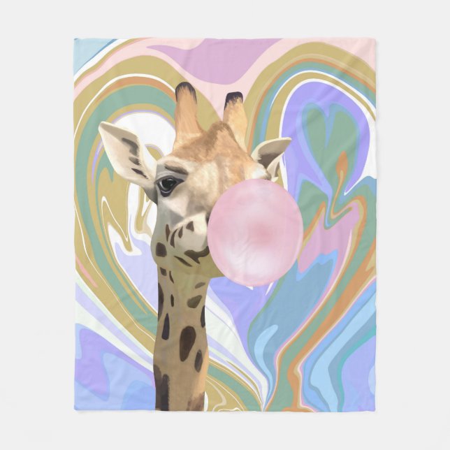 Fun Bubblegum Blowing Giraffe Liquid Swirl Blue Fleece Blanket (Front)