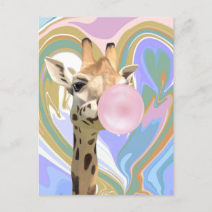 Fun Bubblegum Blowing Giraffe Liquid Swirl Blue Postcard
