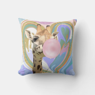 Fun Bubblegum Blowing Giraffe Liquid Swirl Blue Throw Pillow